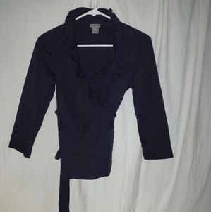 Ann Taylor Size 0. Navy blue ruffle wrap blouse